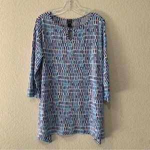 Clara Sun Woo Blouse Top Tunic Womens 1X Geometric Print Stretch Coastal Travel